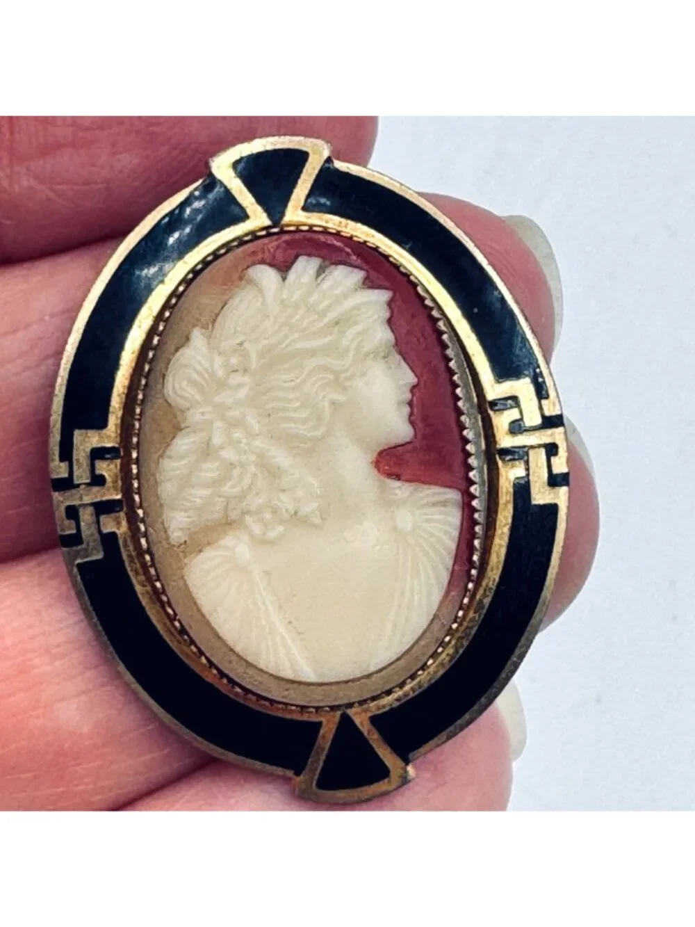 Vintage Cameo Art Deco Brooch 12k GF Frame Greek Key Border Gold w/ Black Enamel